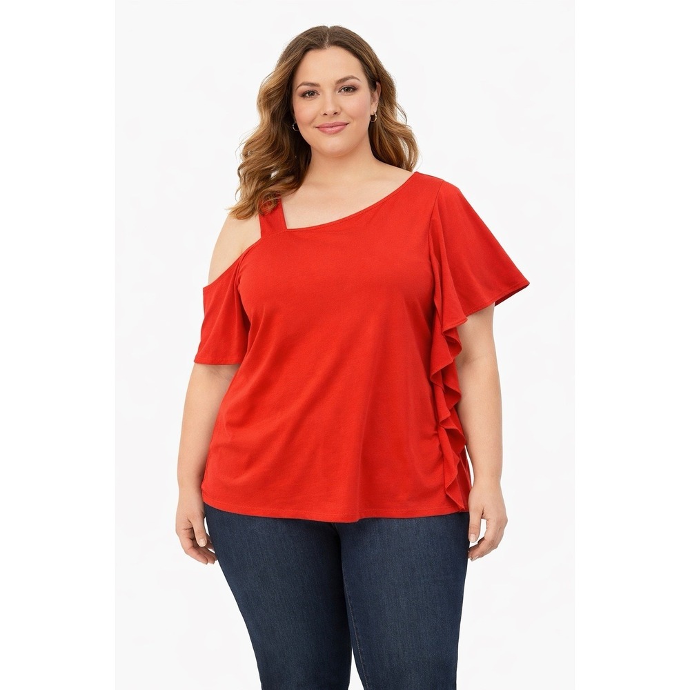 Catherines Curvy 2X Red One Shoulder Ruffle Sleeve Blouse Plus Sz Asymmetrical